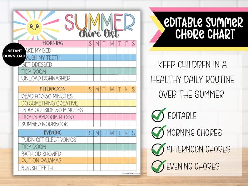 May include: A printable summer chore chart for kids with a colorful sun graphic and a checklist of daily tasks for morning, afternoon, and evening. The chart includes tasks like making the bed, reading for 30 minutes, and brushing teeth. The chart is editable and includes checkboxes for each task.