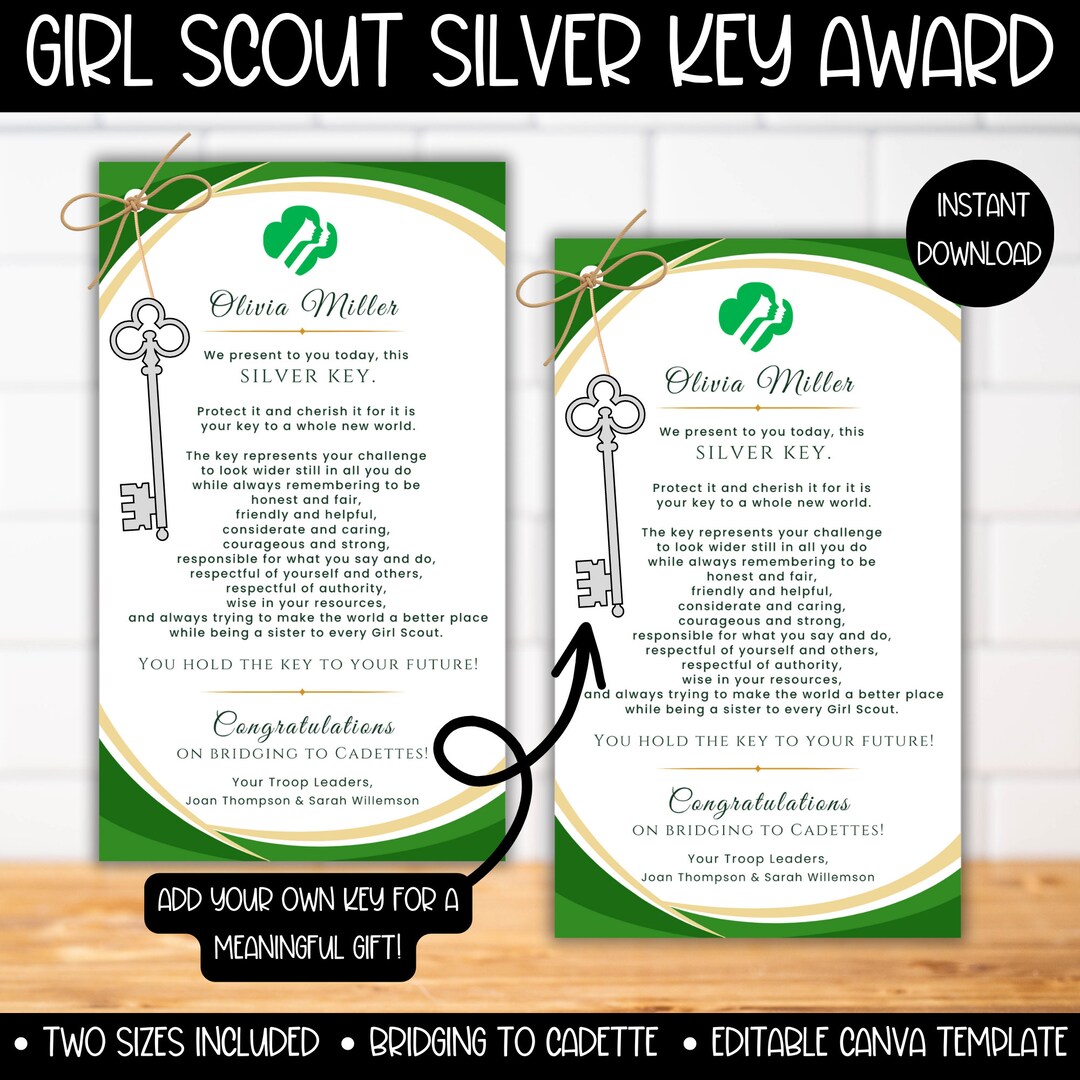 Girl Scout Silver Key Award Certificate Template Girl Scouts Etsy