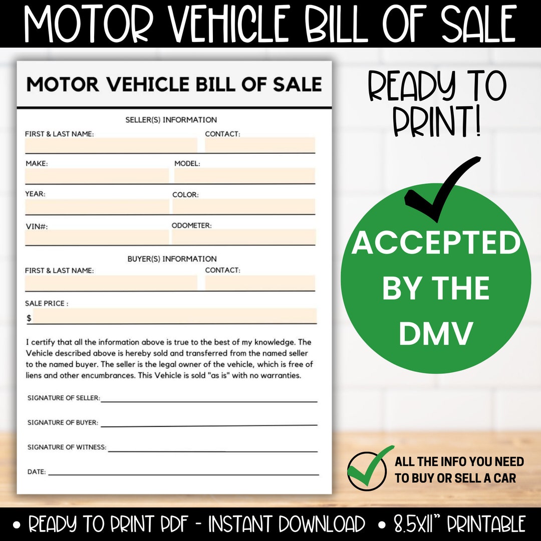 Motor Vehicle Bill of Sale Printable Form, Digital for Sale Car