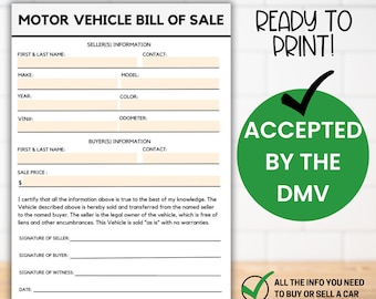 Motor Vehicle Bill of Sale Printable Form, Digital For Sale Car Bill of Sale, Instant Download, Auto Bill of Sale PDF Template, Digital BOS