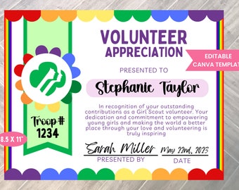 Girl Scout Volunteer Appreciation Certificate Editable Template | Girl Scout Bridging Ceremony | Girl Scouts Bridge Ceremony | #333
