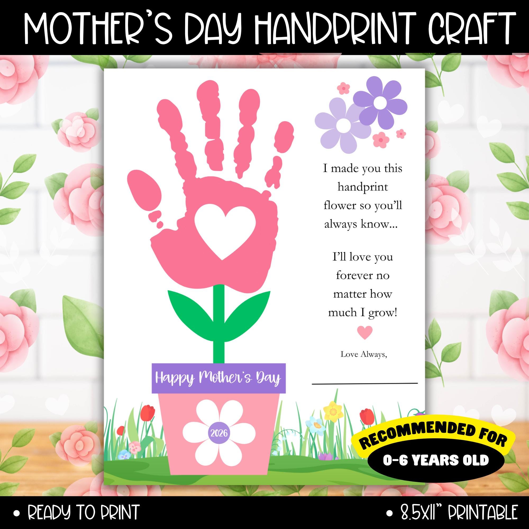 Mother's Day Flower Handprint Art Craft Printable, Kids Mothers Day