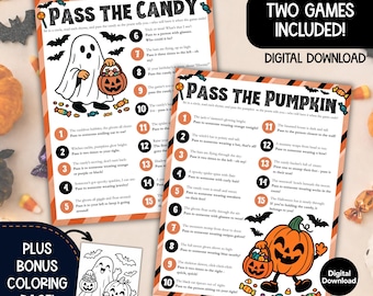 Może przedstawiać: Dwie karty do gier na Halloween zatytułowane Pass the Candy i Pass the Pumpkin, zawierające ponumerowane instrukcje, pomarańczowo-czarne paski na obrzeżach, ilustracje ducha i dyni oraz dodatkową stronę do kolorowania.