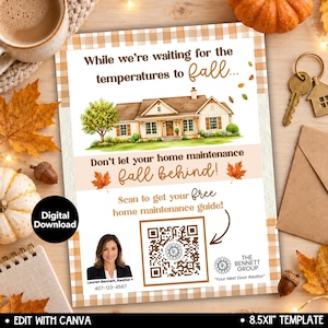 Könnte beinhalten: Ein rechteckiger Flyer mit beigefarbenem Karomuster, illustriert mit einem Aquarellhaus und Herbstblättern. Der Text lautet: While we're waiting for the temperatures to fall... Don't let your home maintenance fall behind! Scan to get your free home maintenance guide! Enthält einen QR-Code, ein Foto einer Person und das Logo der Bennett Group.