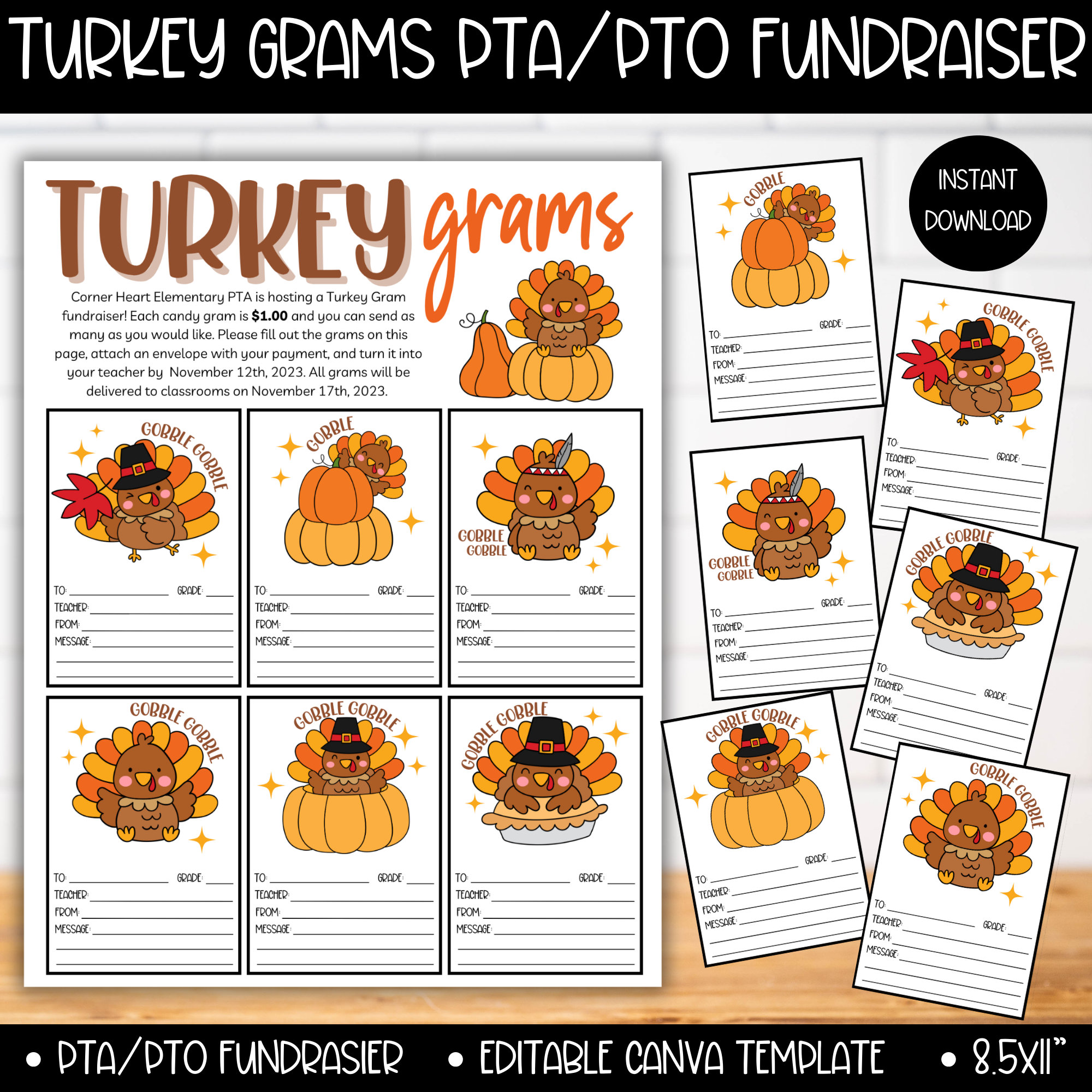pta pto turkey grams fundraiser flyer template, autumn school