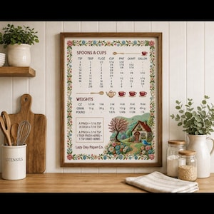 May include: A framed kitchen art print featuring a conversion chart for spoons, cups, and weights. The print includes a colorful illustration of a cottage and garden. The print is surrounded by floral accents and is displayed on a wooden surface.