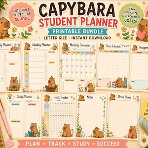 Könnte beinhalten: Ein druckbares Studentenplaner-Set mit Capybara-Illustrationen. Das Paket enthält Seiten für Tages-, Wochen- und Monatsplanung, Stundenplan, Aufgabenverfolgung, Lernplaner, Gewohnheitstracker, Notizen und Brain-Dump im Letter-Format.