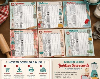 Schede segnapunti Yahtzee stampabili, pacchetto di giochi retrò in cucina, fogli di gioco vintage da cucina, PDF scaricabile per serate di giochi in famiglia.