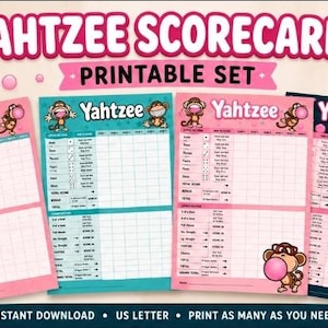May include: A set of four Yahtzee scorecards featuring a monkey character blowing a bubblegum bubble. The printable sheets include columns for scoring, dice combinations, and totals. The designs are in pink, teal, and dark blue with bubble accents.