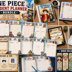 May include: A One Piece student planner bundle featuring various printable pages including daily planners, weekly planners, class schedules, assignment trackers, goal maps, and bounty boards, all decorated with anime character illustrations and text.