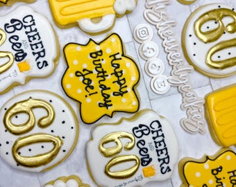 Cheers and Beers to 60 Years Cookies, Birthday Cookies, Beer Cookies, Decorated Cookies, Party Favors, Thank you Cookies