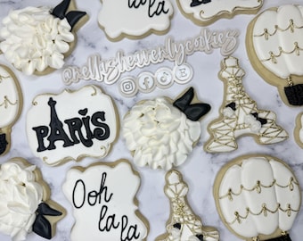 Paris Cookies, Night in France Cookies, Eiffel Tower Cookies, French Themed Cookies, Paris Themed Birthday Cookies, Custom Cookies