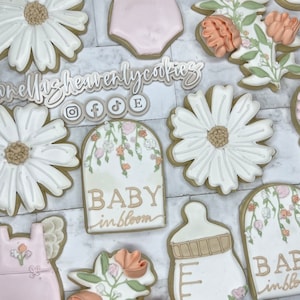 Baby in Bloom Cookies, Sip and are Cookies, Baby Shower Cookies, Floral Cookies, Floral Baby Shower Cookies, Custom Cookies, Party Favors