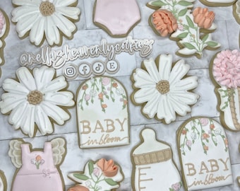 Baby in Bloom Cookies, Sip and are Cookies, Baby Shower Cookies, Floral Cookies, Floral Baby Shower Cookies, Custom Cookies, Party Favors