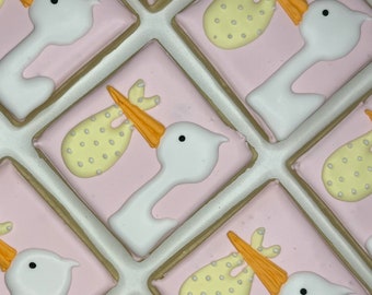 Stork Baby Shower, Stork Baby Shower Cookies, Stork Cookies, Baby Shower Cookies, Baby Girl Cookies, Party Favors, Thank You Cookies