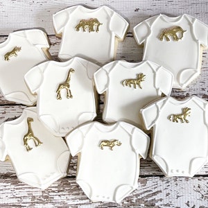 Gold Animal Onesie cookies, Safari baby shower, animal baby shower, baby shower favors, custom cookies, gold animal cookies