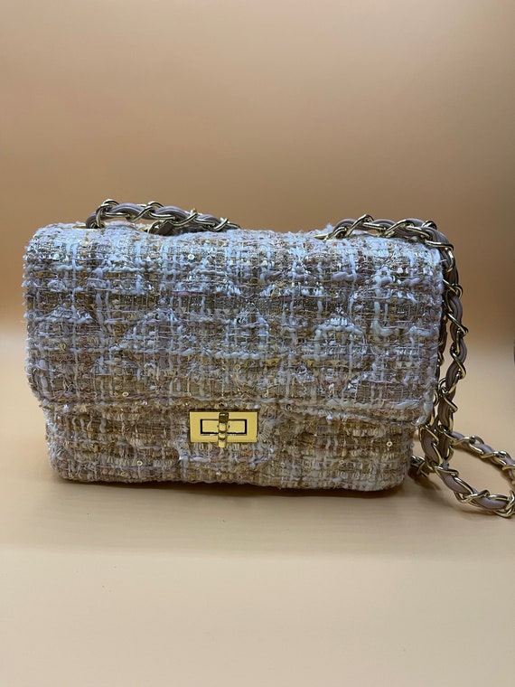 Tweed Quilted Flap Bag Convertible to Crossbody Chain Ivory 