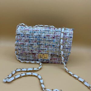 Tweed Square Flap Bag Convertible to Crossbody Chain White 