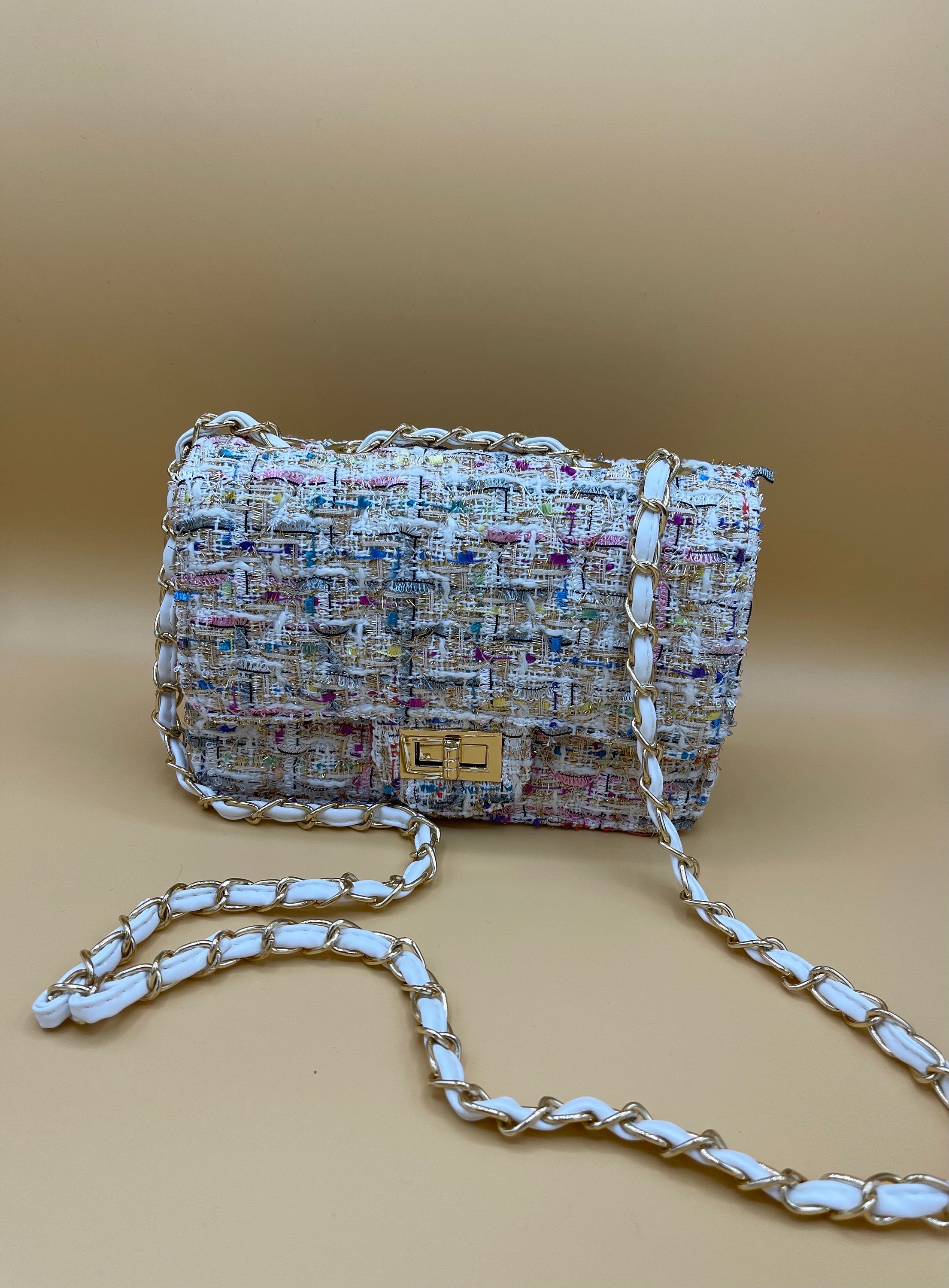 Tweed Square Flap Bag Convertible to Crossbody Chain White 