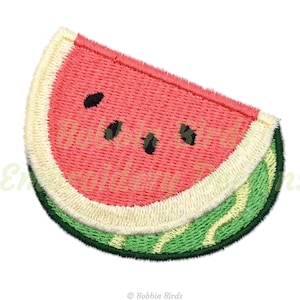 May include: A red and green embroidered watermelon slice patch. The watermelon is a light pink color with black seeds. The rind is green with white stitching.