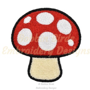 May include: Red and white mushroom embroidery design with a black outline. The mushroom has a white stem.