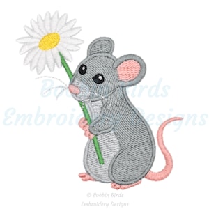 May include: A gray mouse holding a white daisy with a yellow center. The mouse has pink ears and a pink tail.
