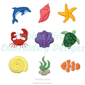 Mini Embroidery Ocean Designs, Dolphin, Crab, Turtle, Clownfish, Shells, Starfish, and Seaweed - 2 Sizes ea. - Instant Digital Download