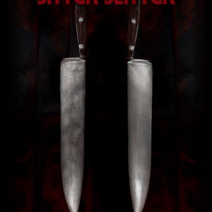 May include: Two silver kitchen knives with black handles, one is aged and the other is clean. The knives are labeled "Aged" and "Clean" with the text "Creepy Customs" in between.