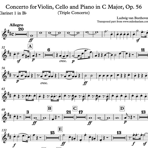 Clarinet 1/Beethoven/Triple Concerto Clarinet in B flat (Transposed Part)