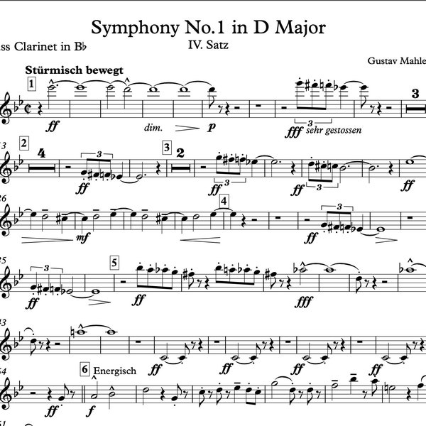 Bass Clarinet/Mahler/Symphony 1 - Movement 4 Satz, Bass Clarinet in B flat (Transposed Part)