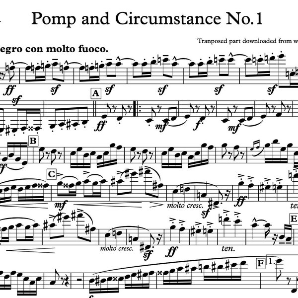 Clarinet 1/Elgar/Pomp and Circumstance No. 1 Clarinet in B flat (Transposed Part)