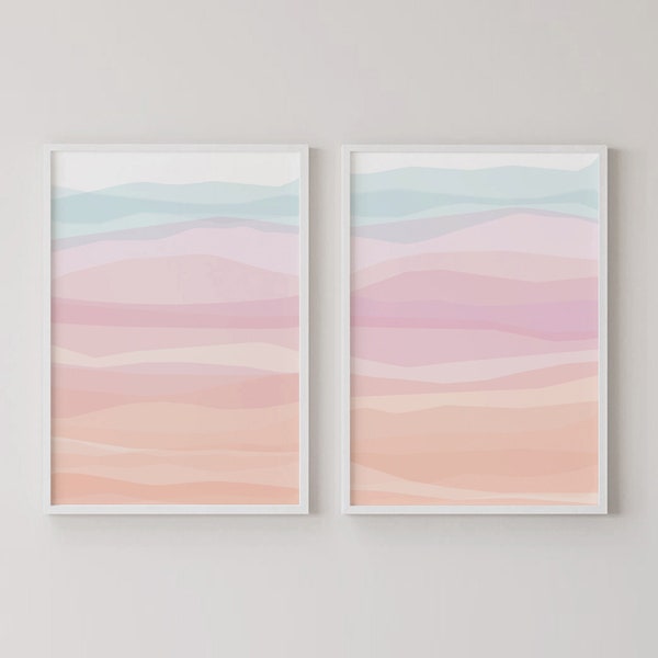 Set of 2 Printable, Abstract waves wall art, Pink Coral Blue Art, Abstract Scape ,Digital Download, Calming Nature Print, Minimalist Deco