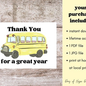 Printable Bus Driver Thank You Card, Thank You for a Great Year for ...