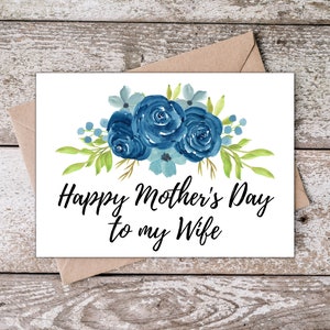 Tarjeta imprimible del Día de las Madres Esposa / Feliz Día de la Madre a mi Esposa / Tarjeta del Día de las Madres Esposa con Diseño Floral Azul / Tarjeta para Esposa BR001