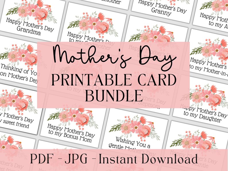 Printable Mother's Day Card Bundle Mother's Day Cards With Pink ...