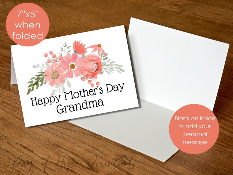 Printable Grandma Mothers Day Card for Grandma Happy Mother's Day Grandma Card Grandmother Mothers Day Card with Pink Flowers PF002 image 3