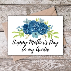 Fête des mères imprimable tante | Bonne fête des mères à ma tante | Carte de fête des mères tante pour tante ou tante avec fleurs bleues BR001