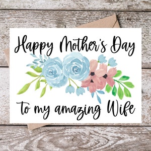 Tarjeta imprimible del Día de la Madre Esposa / Feliz Día de la Madre a mi increíble esposa / Diseño floral azul y rosa / Tarjeta para esposa BP003
