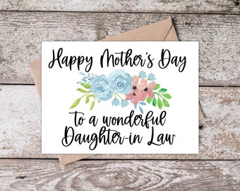 Printable Mothers Day Card for Daughter in Law | Happy Mother&#39;s Day to a wonderful Daughter-in-Law DIL | Card with Pink Blue Flowers BP003