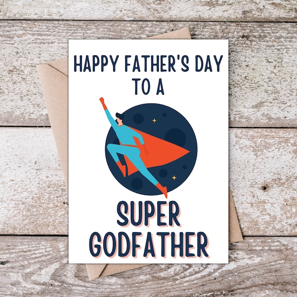 Printable Fathers Day Card for a Super Godfather, Godfather Happy Father's Day Card with a flying hero  wearing a cape, Instant Download