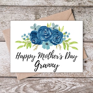 Tarjeta Imprimible del Día de las Madres para la Abuela / Feliz Día de la Madre Abuela / Tarjeta del Día de las Madres para la Abuela, Abuela con Diseño Floral Azul BR001