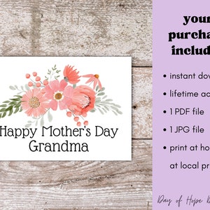 Printable Grandma Mothers Day Card for Grandma Happy Mother's Day Grandma Card Grandmother Mothers Day Card with Pink Flowers PF002 image 2