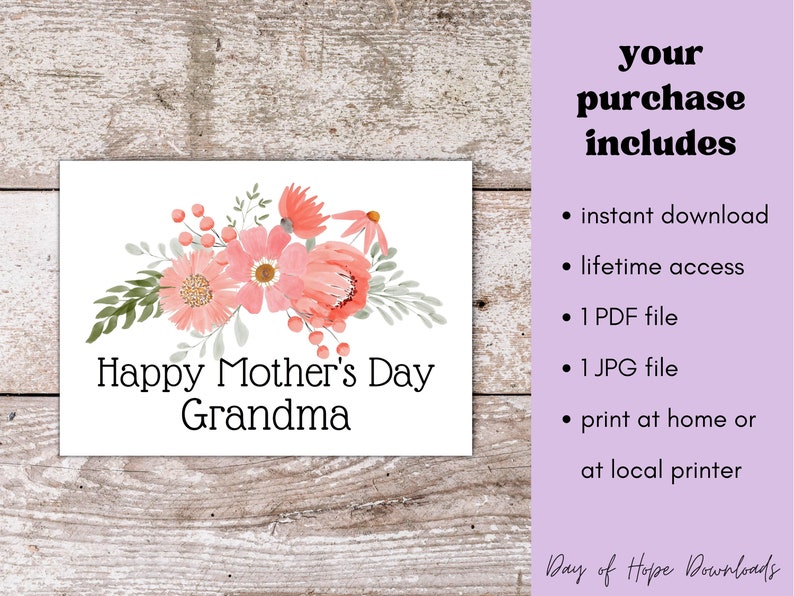 Printable Grandma Mothers Day Card for Grandma Happy Mother's Day Grandma Card Grandmother Mothers Day Card with Pink Flowers PF002 image 2