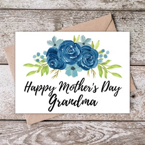 Cartão de Dia das Mães para impressão para vovó | Cartão feliz da avó do dia das mães de <br> Entrega Rápida? Cartão de Dia das Mães para Avó com Desenho Floral Azul BR001