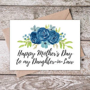 Tarjeta Imprimible del Día de las Madres para Nuera / Feliz Día de las Madres a mi Nuera DIL / Tarjeta del Día de las Madres con Flores Azules BR001