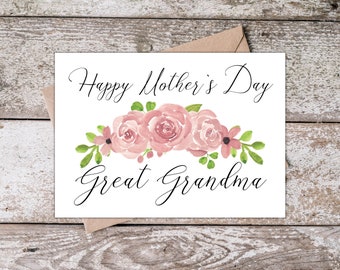 Printable Great Grandma Mothers Day Card | Happy Mother's Day Great Grandma Card | Grandmothers Day Card with Pink Flowers PR004