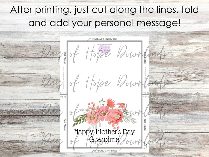 Printable Grandma Mothers Day Card for Grandma Happy Mother's Day Grandma Card Grandmother Mothers Day Card with Pink Flowers PF002 image 5
