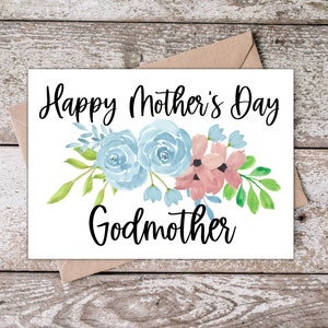 Tarjeta imprimible del Día de las Madres Madrina para Madrina / Feliz Día de la Madre a mi Madrina / Tarjeta del Día de las Madres con Flores Rosadas y Azules BP003