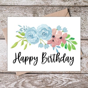 Cartão de aniversário para impressão, cartão de feliz aniversário, cartão de aniversário floral simples em aquarela azul e rosa para imprimir em casa, download instantâneo BP003