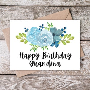 Cartão de aniversário para impressão para vovó, cartão de feliz aniversário para vovó, cartão de aniversário clássico para vovó com flores azuis, download instantâneo